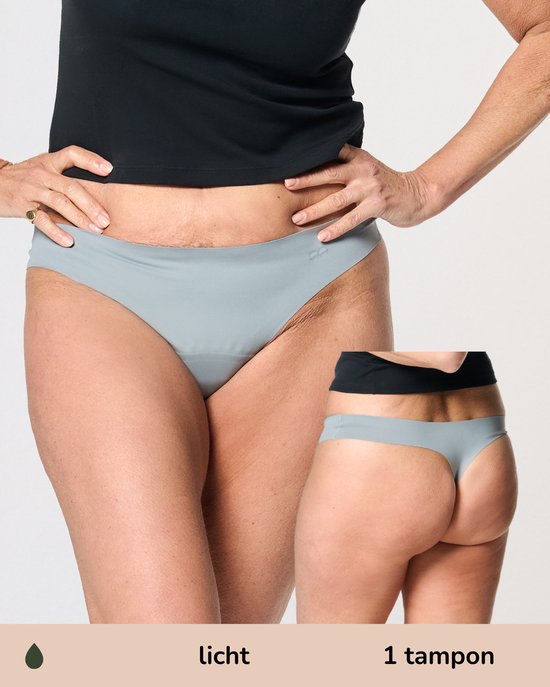 Vue de face d'une femme en string gris avec informations sur l'absorption.