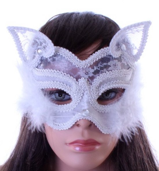 Oogmasker poes wit met marabou en kant