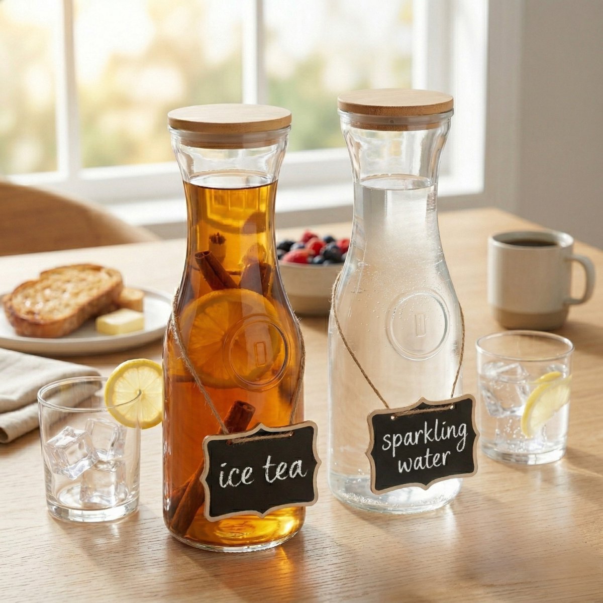 Boncy® Glazen Karaf - Set van 2 - Waterkan met Bamboe Deksel - Waterkaraf 1 Liter - Schenkkan van Glas - karaffen Water Kan Carafe — cadeau in Koken & Dineren - foto 8