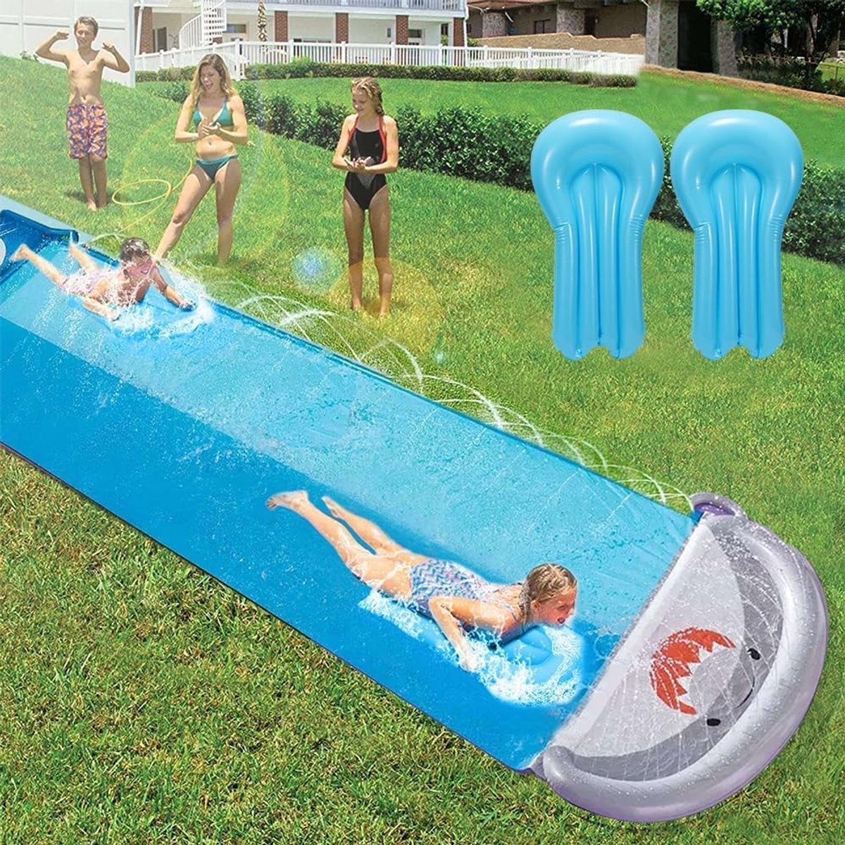 Solvix waterspeelmat fontein - Waterglijbaan - PVC - Dubbele Glijbaan - Ingebouwde Sprinkler - Voor Kinderen