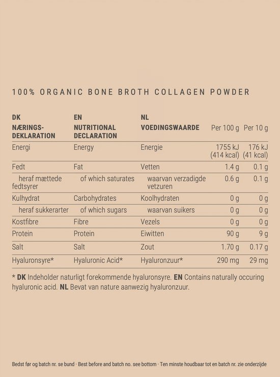 Voedingswaardetabel met 100% biologisch bottenbouillon collageenpoeder