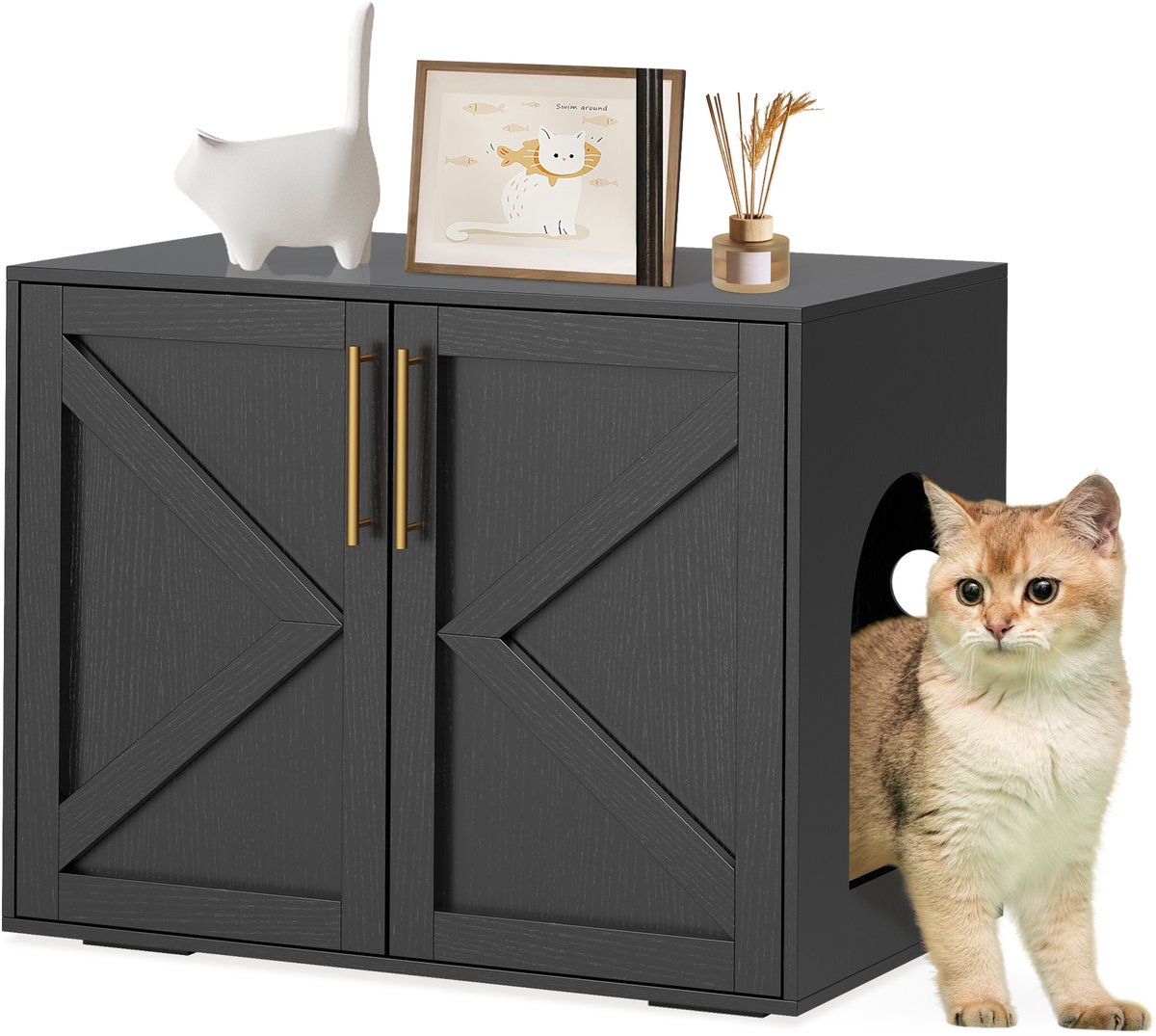 Houten kattenbakmeubel met schuurdeur – modern verborgen kattenhok als bijzettafel, geschikt voor de meeste kattenbakken binnenshuis