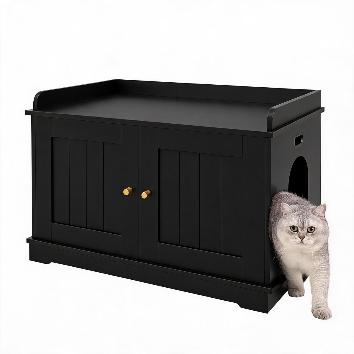 Modern houten kattenbakmeubel – verborgen kattenbakkast met schuurdeur en dubbele deuren, hondbestendig bijzettafel kattenhok voor grote katten met opbergruimte
