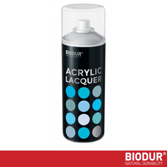 Peinture en aérosol vernis transparent acrylique universel BIODUR – 400 ml – Couche de finition protectrice brillante – Séchage rapide – Résistant aux UV et aux intempéries – Intérieur/Extérieur