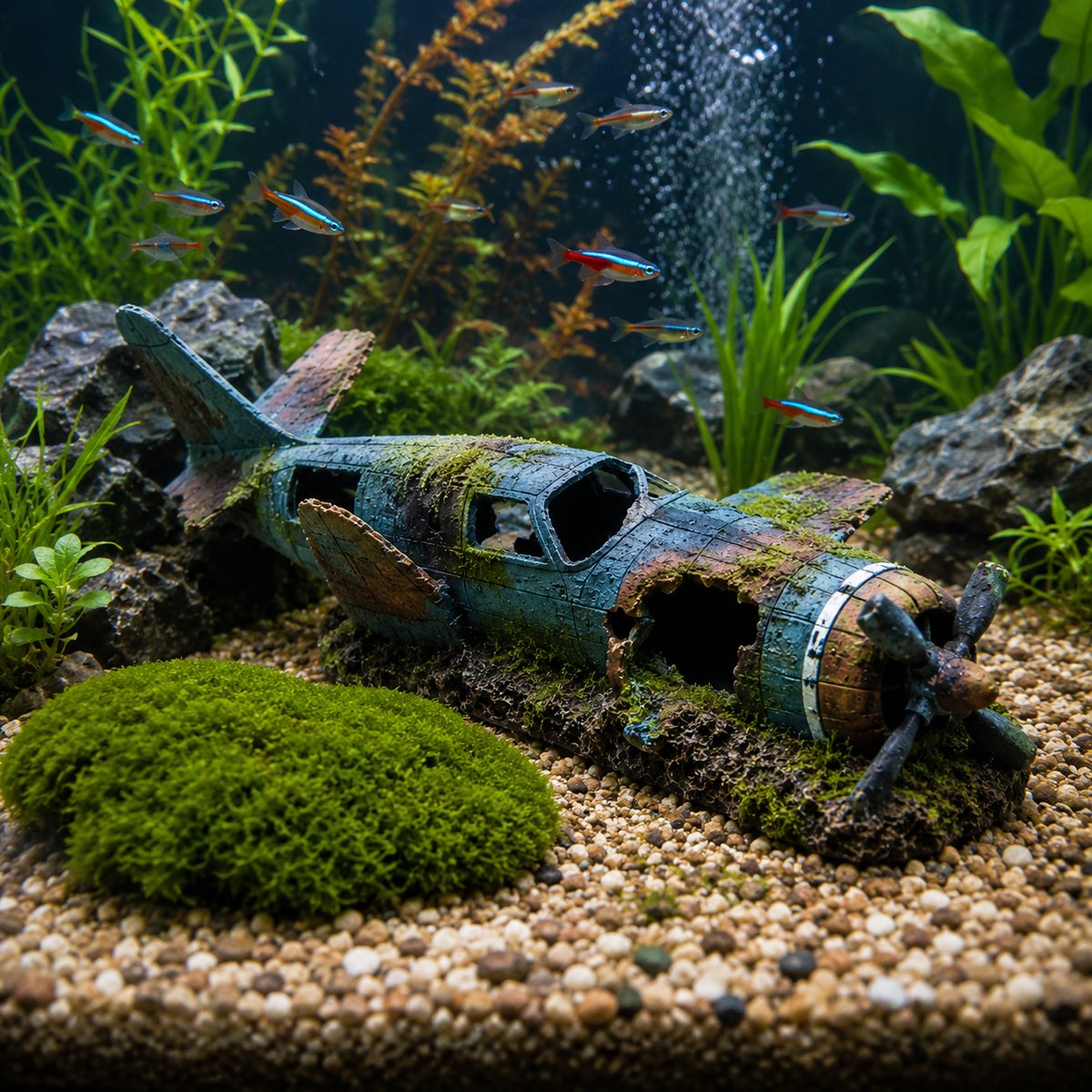Aquarium Decoratie Vliegtuigwrak met Mos – Aquarium Ornament – Schuilplaats voor Vissen – 22,5 cm