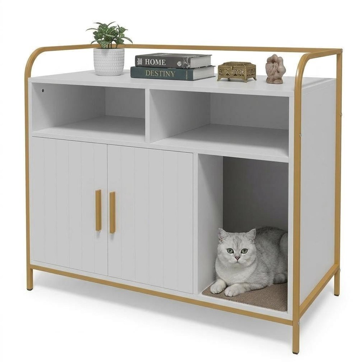 Kattenkast Kattenbak meubel met metalen frame en dubbele opbergrekken – modern verborgen kattenhok voor binnen in bijzettafel-stijl