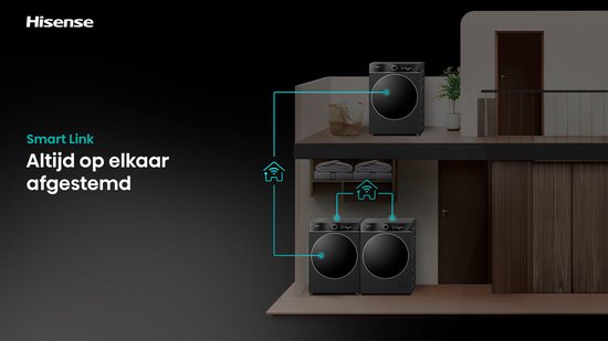 Een Hisense wasdroger en wasmachine staan in een huis op verschillende verdiepingen, verbonden door "Smart Link" Wi-Fi iconen.