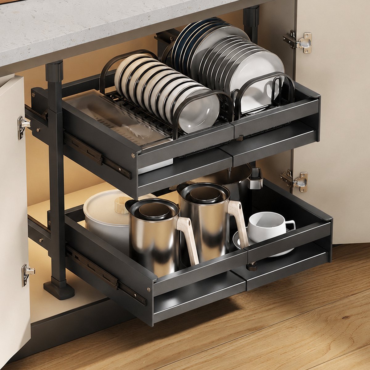 REFTTENW Gootsteenkast Organizer Uitrekbaar - 2-laags Keukenkast Organizer Uitschuifbaar - Zonder Boren Telescopische Lade voor Keuken, Kruiden en Kleding, Breedte Verstelbaar 27-46 cm