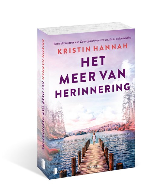 Livre "Het meer van herinnering" de Kristin Hannah. À droite, un quai avec de l'eau et des arbres.