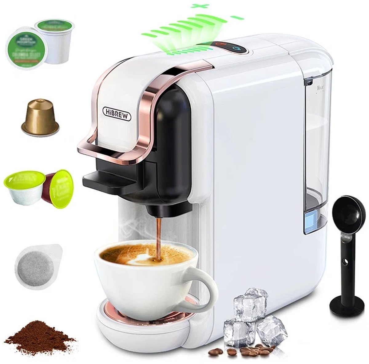 HiBREW H2B Koffiemachine - 5-in-1 - Nespresso, Dolce Gusto, K-Cup, ESE en Gemalen Koffie-WIT