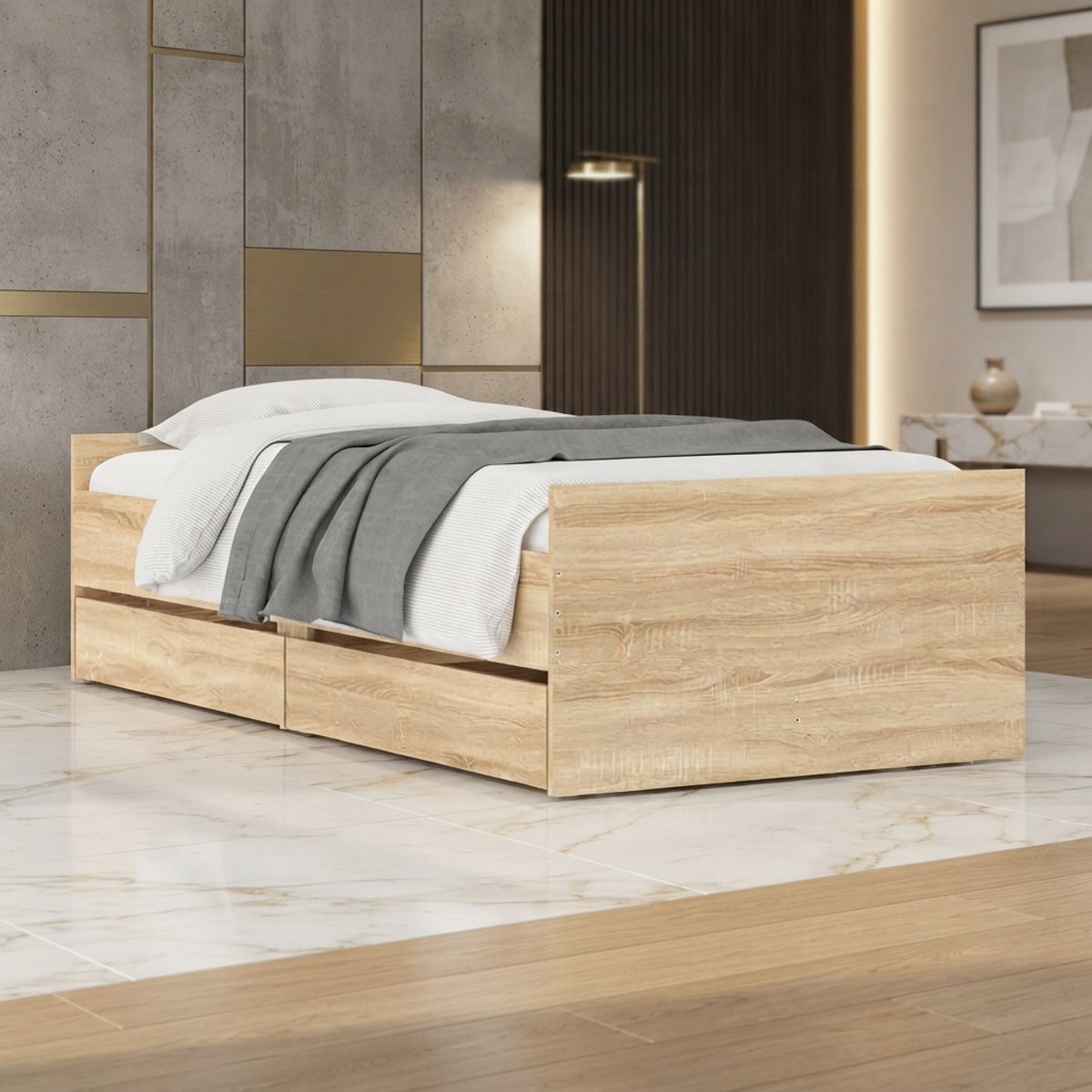 Modern Eenpersoonsbed 100x200 cm met 2 Opberglades, Lattenbodem & Sonoma Eiken Houtlook – Novihomestore