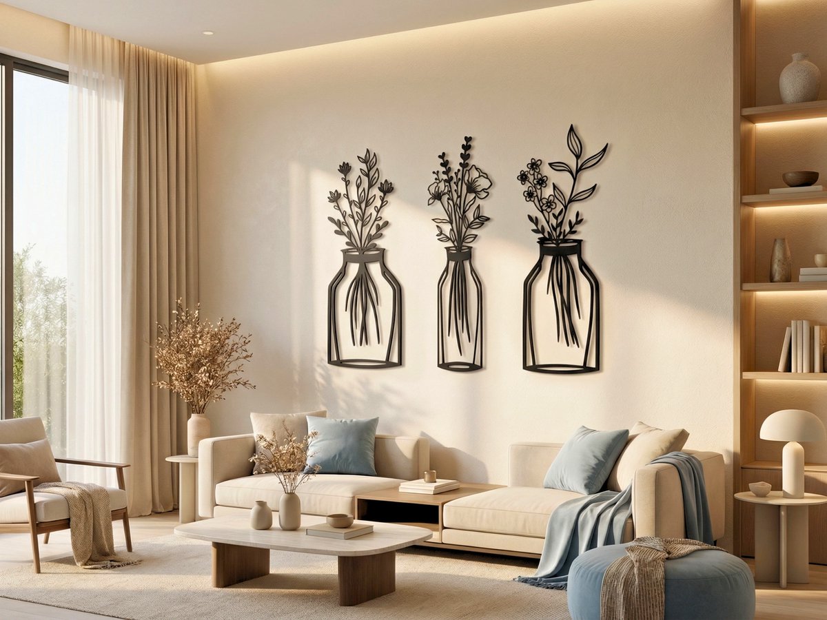 Wanddecoratie Bloemen, Houten Wandbeeld, 3D Wanddecoratie voor Thuis, Moderne Beelden voor Huis Kantoor Slaapkamer, Woonkamer en Keuken - 54x50 cm