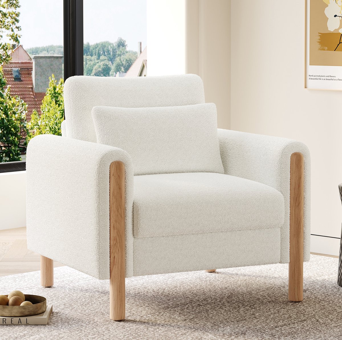 DESMIU Fauteuil 87 x 83 x 88,5 Cm - Comfortabele 1-Zits Met Dikke Kussens En Armleuningen - Voor Woonkamer Of Slaapkamer - Teddy Stof - Wit White