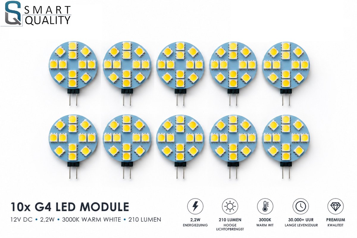 Smart Quality - LED Lamp G4 Fitting 12 Volt - speciaal voor Boten - 2,2 Watt - 3000K warm wit - 10 stuks in verpakking - 10 pack