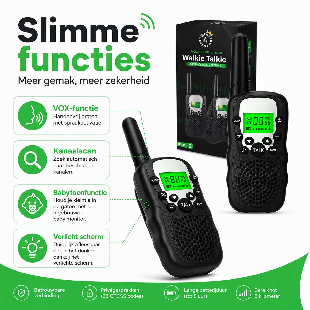 Twenty4seven® Walkie Talkie Kinderen 2 Stuks - Portofoon voor Volwassenen met 5km Bereik - Buiten Spelen, Camping & Bos - Kerst & Sinterklaas Cadeau — cadeau in Gadgets - foto 7