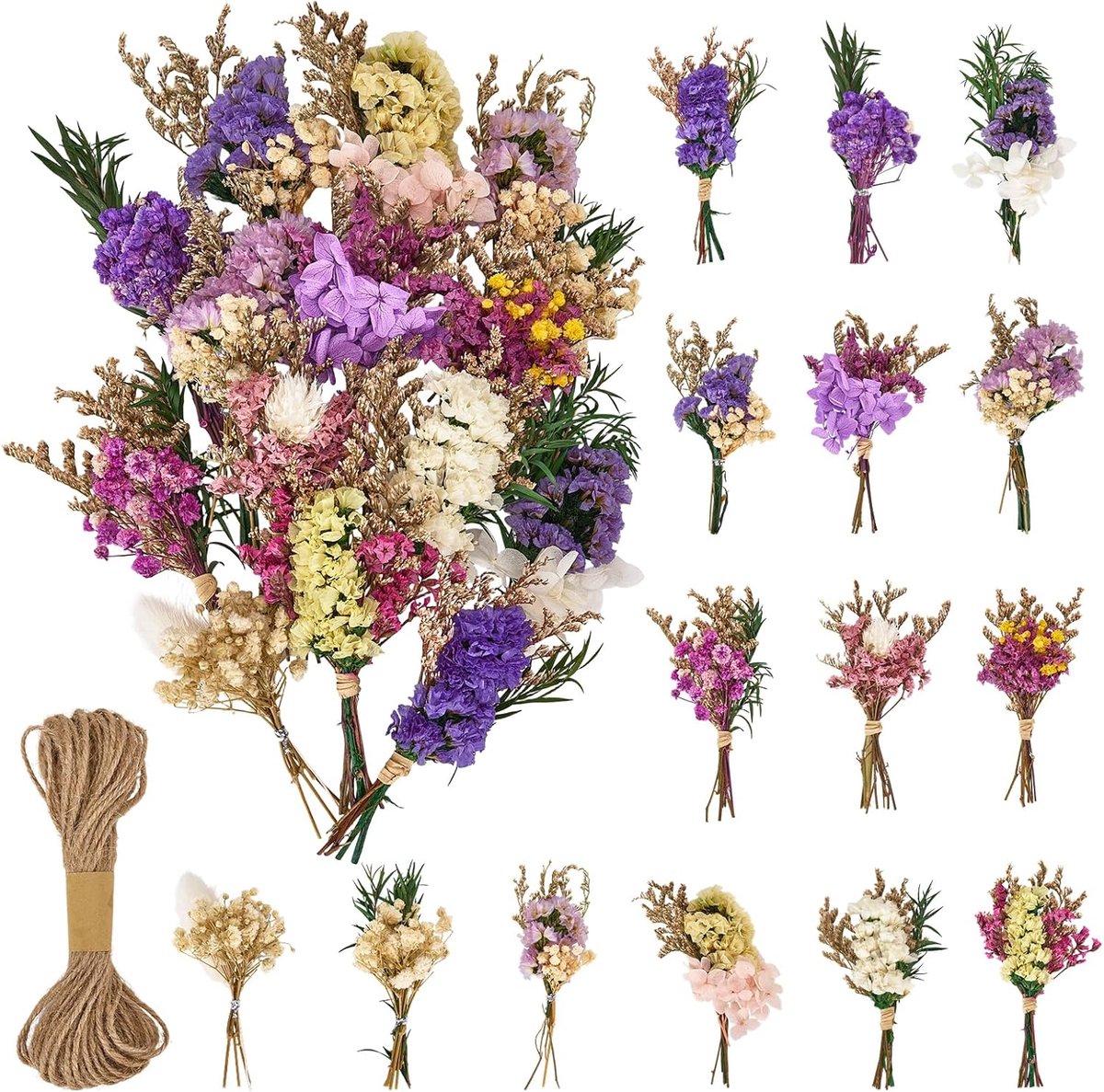 SnelShoppen - 15 Bundels Mini Droogbloemen - Natuurlijk Eeuwig Droogboeket - Decoratie voor Tafels, Bruiloften, Boekenkasten, Thuis en DIY Knutselen -