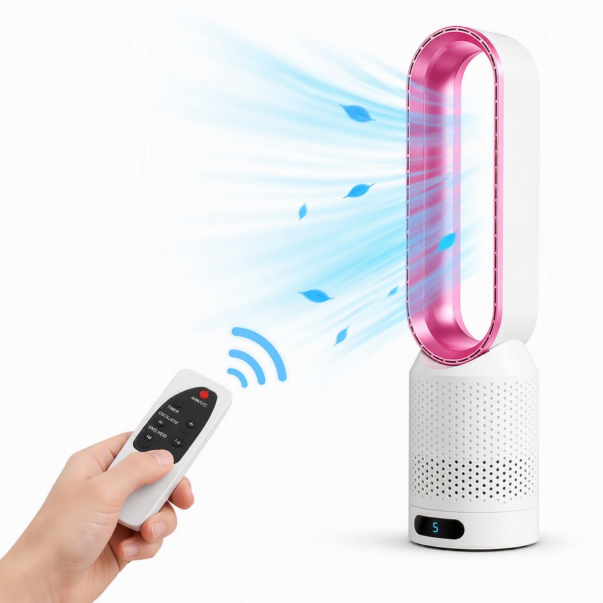 HomeGoodies Bladloze Ventilator met Afstandsbediening – Stil – 8 standen - 90° Oscillatie & Timer – Slaapkamer & Woonkamer - Roze