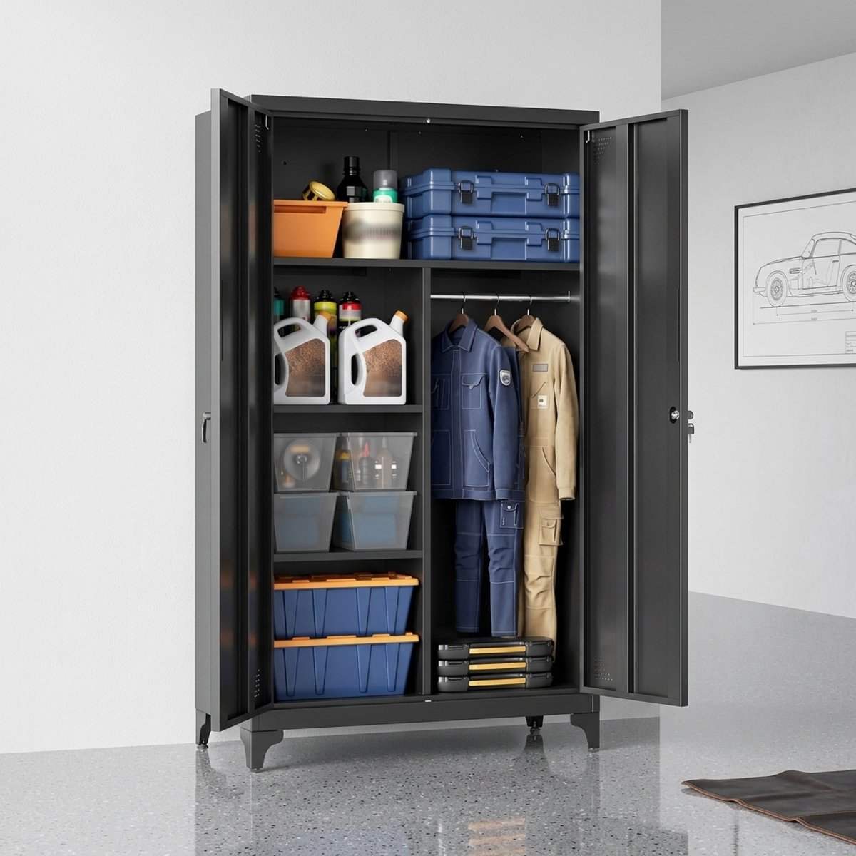 Premium Metalen Multifunctionele Garderobekast – 80 x 40 x 165 cm – Afsluitbare Stalen Opbergkast met 2 Deuren, 5 Vakken & Hangstang – Archiefkast, Opbergkast voor Kantoor, Garage & Thuis – MatzwartNovihomestore