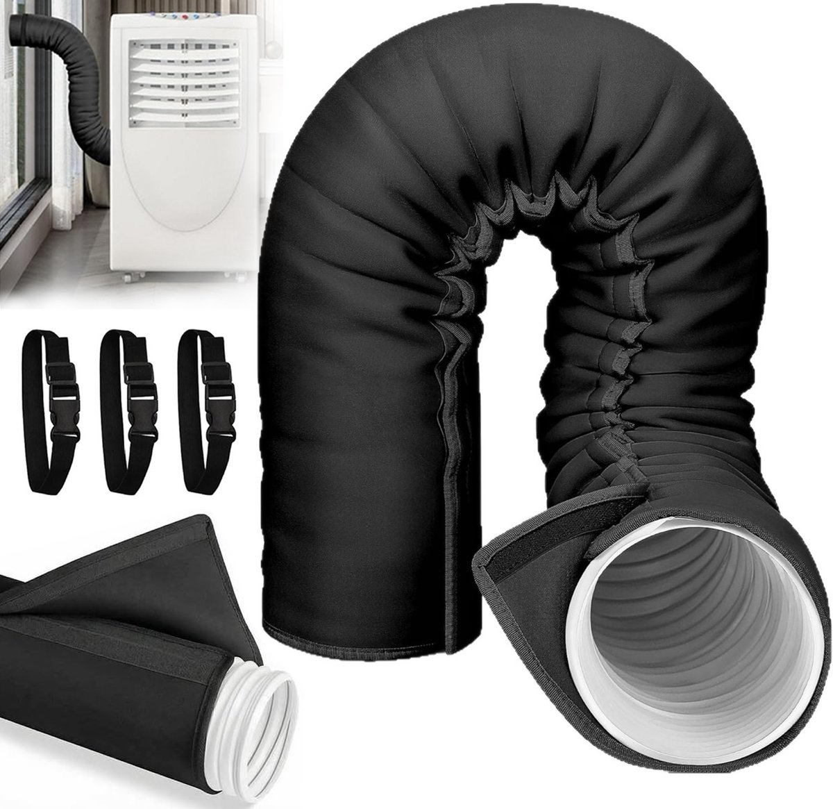 Airconditioner slanghoes - 150 x 53 cm - Airconditioner slangbeschermer - Met 3 gespbanden - Verstelbare airco slang isolatiehoes - Airconditioner kanaalisolatie - Isolatiehoes voor mobiele airco-slangen - Beschermhoes voor afvoerslang - Zwart