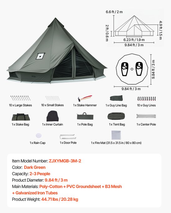 VEVOR Canvas Bell Tent, 3m Yurt, 4 Seizoenen, met Schoorsteenopening, Slaapruimte voor Maximaal 3 Personen, met Uitneembare Vloer (Ritssluiting), Ideaal voor Gezinskamperen en Buitenactiviteiten, Groen van Vevor — afbeelding 3