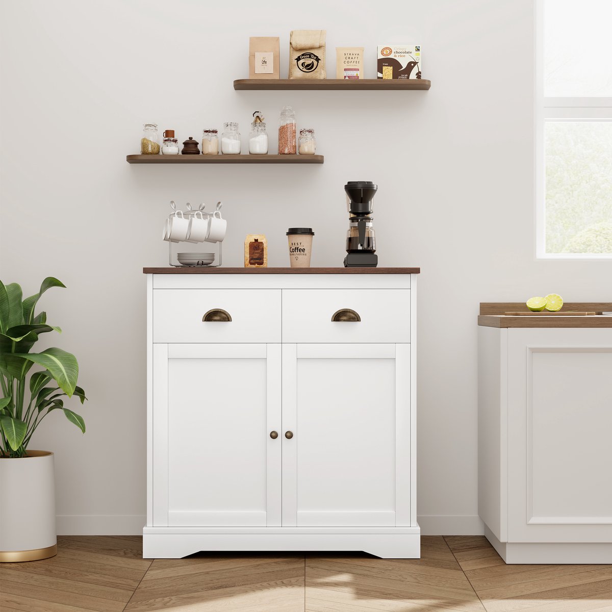 Witte Sideboard Met 2 Laden - Deuren En Verstelbare Legplanken - Multifunctionele Opbergkast Voor Hal - Eetkamer En Woonkamer - 80 x 39 x 90cm
