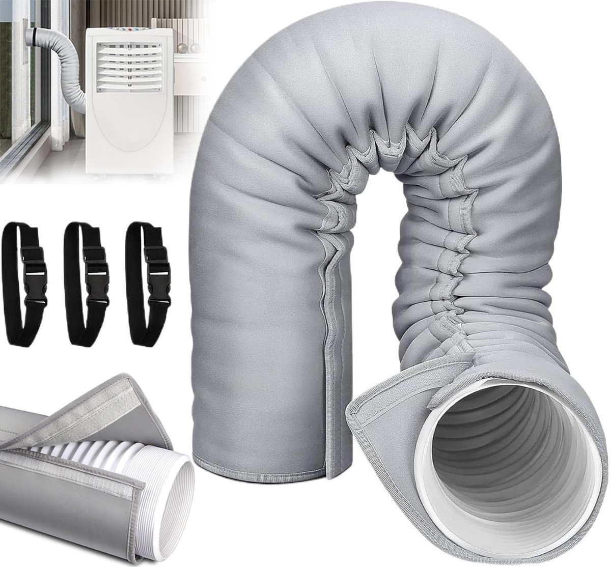 Airconditioner slanghoes - 150 x 53 cm - Airconditioner slangbeschermer - Met 3 gespbanden - Verstelbare airco slang isolatiehoes - Airconditioner kanaalisolatie - Isolatiehoes voor mobiele airco-slangen - Beschermhoes voor afvoerslang - Grijs