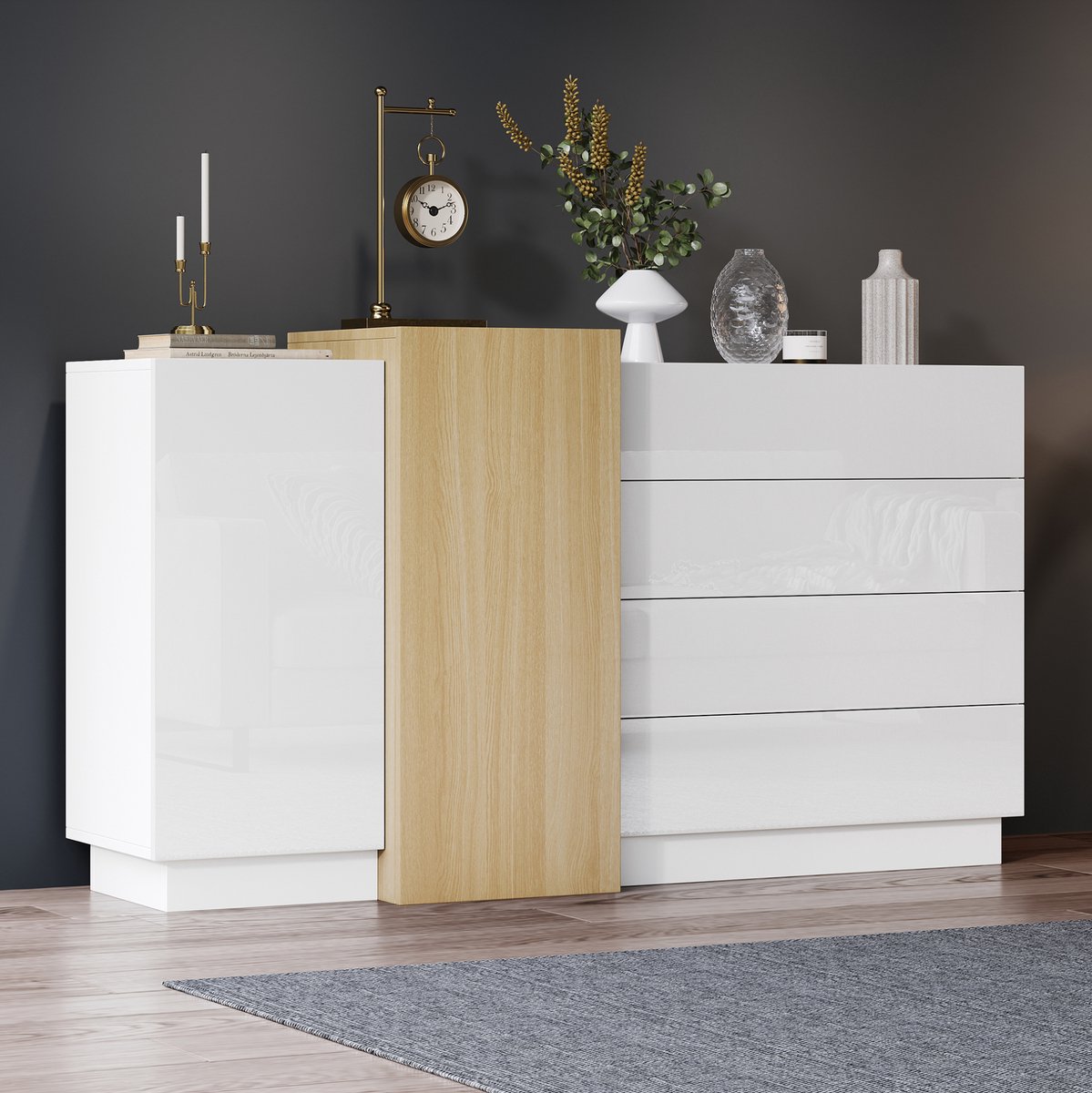 MEUNIQ dressoir 140 x 35 x 76,5 cm met 4 lades en 2 deuren, push-to-open opbergkast met verstelbare planken voor woonkamer, hal of slaapkamer, wit hoogglans