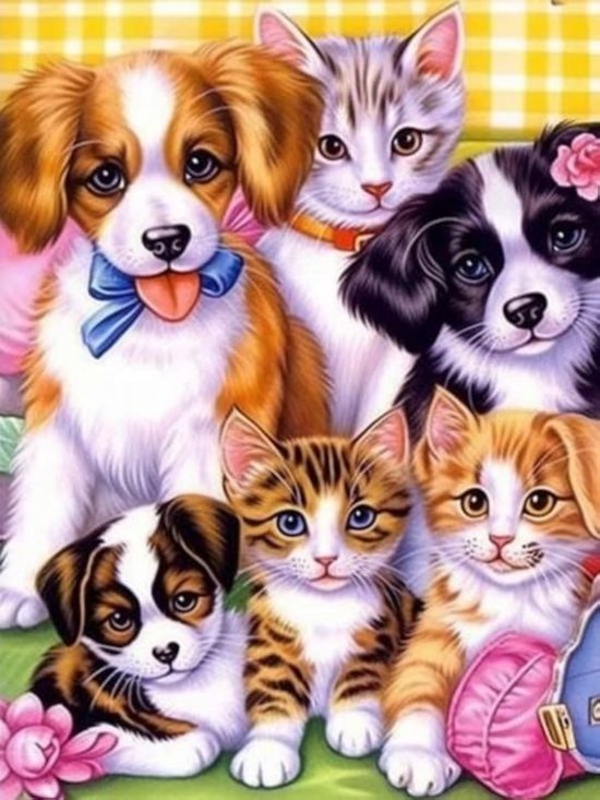 Trois chatons et trois chiots en groupe, avec un nœud bleu sur un chiot.