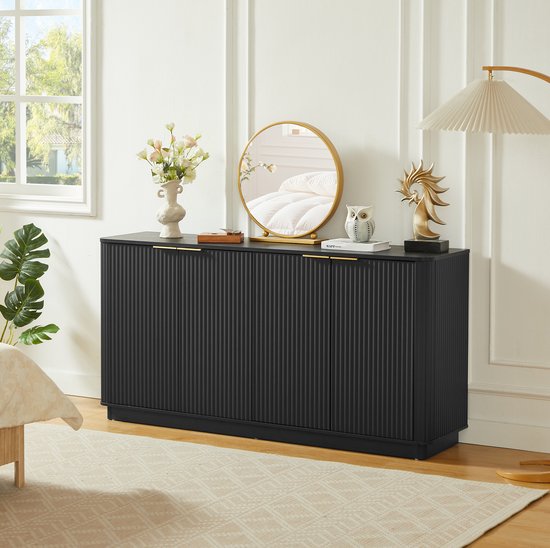 MEUNIQ dressoir 160 x 40 x 80 cm met 4 deuren en plank, zwart sideboard met opbergruimte voor woonkamer, slaapkamer of hal