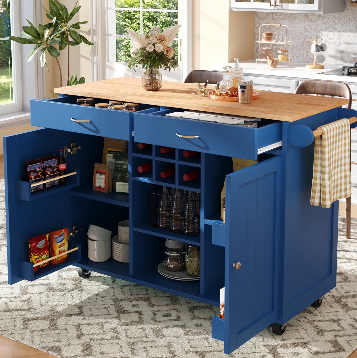 MEUNIQ keukeneiland 102 x 45 x 92 cm met wielen, verstelbare opbergruimte, flessenrek en zijrek, keukenkast of keukenwagen voor keuken en eetkamer, blauw