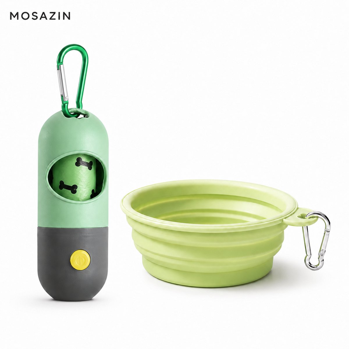 MOSAZIN Honden Wandelset – Poepzakjeshouder met LED Lamp + Opvouwbare Drinkbak – Inclusief 1 Rol Poepzakjes