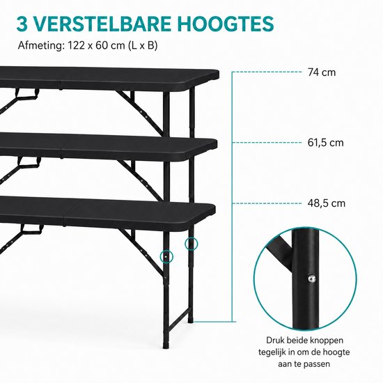 ADSafety Inklapbare Tafel - Campingtafel - Klaptafel - Vouwtafel Buiten - Tuintafel - 3 Hoogtes - 122 x 60 x 74 cm - Zwart van ADSafety — afbeelding 4