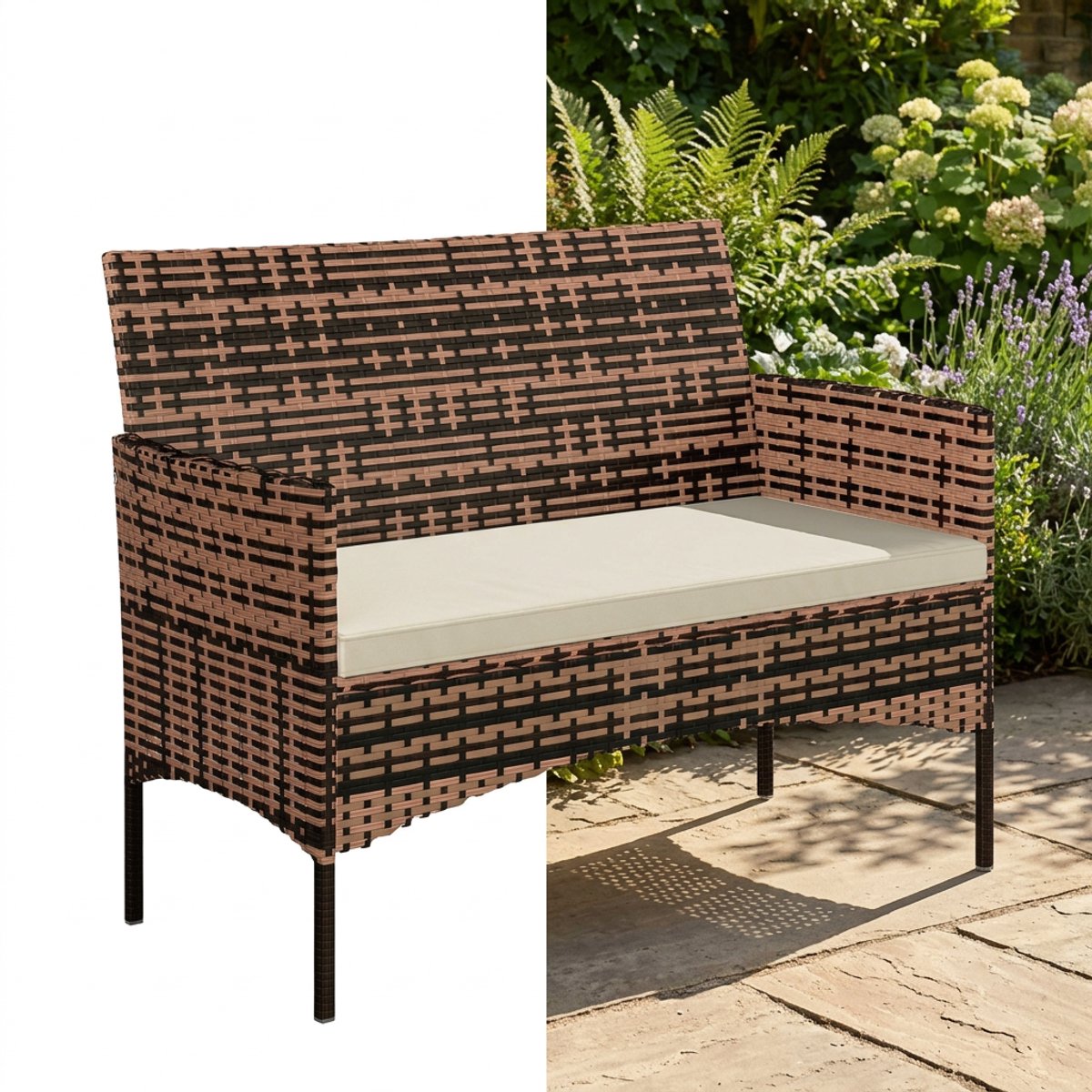 Tuinbank - Lounge Bank - Buitenbank - Tuinset - Modulair Bankstel - Balkon Set - Poly rattan - Khaki + Bruin