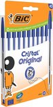 Verpakking met 10 blauwe BIC Cristal Original pennen met transparante schacht en blauwe dop.