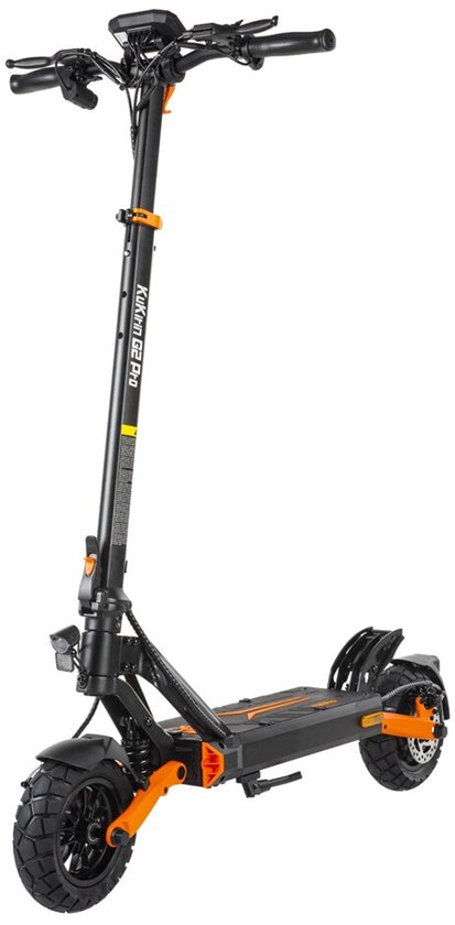 Staande KuKirin G2 Pro elektrische scooter, zwart met oranje details en 9-inch banden.