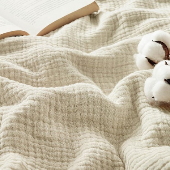 Mousseline Zomerdeken van 100% Katoen - 150x200cm - 4-Laags Zachte Katoenen Woondeken - Luchtige Airco Deken - Comfortabele Reisdeken - Beige