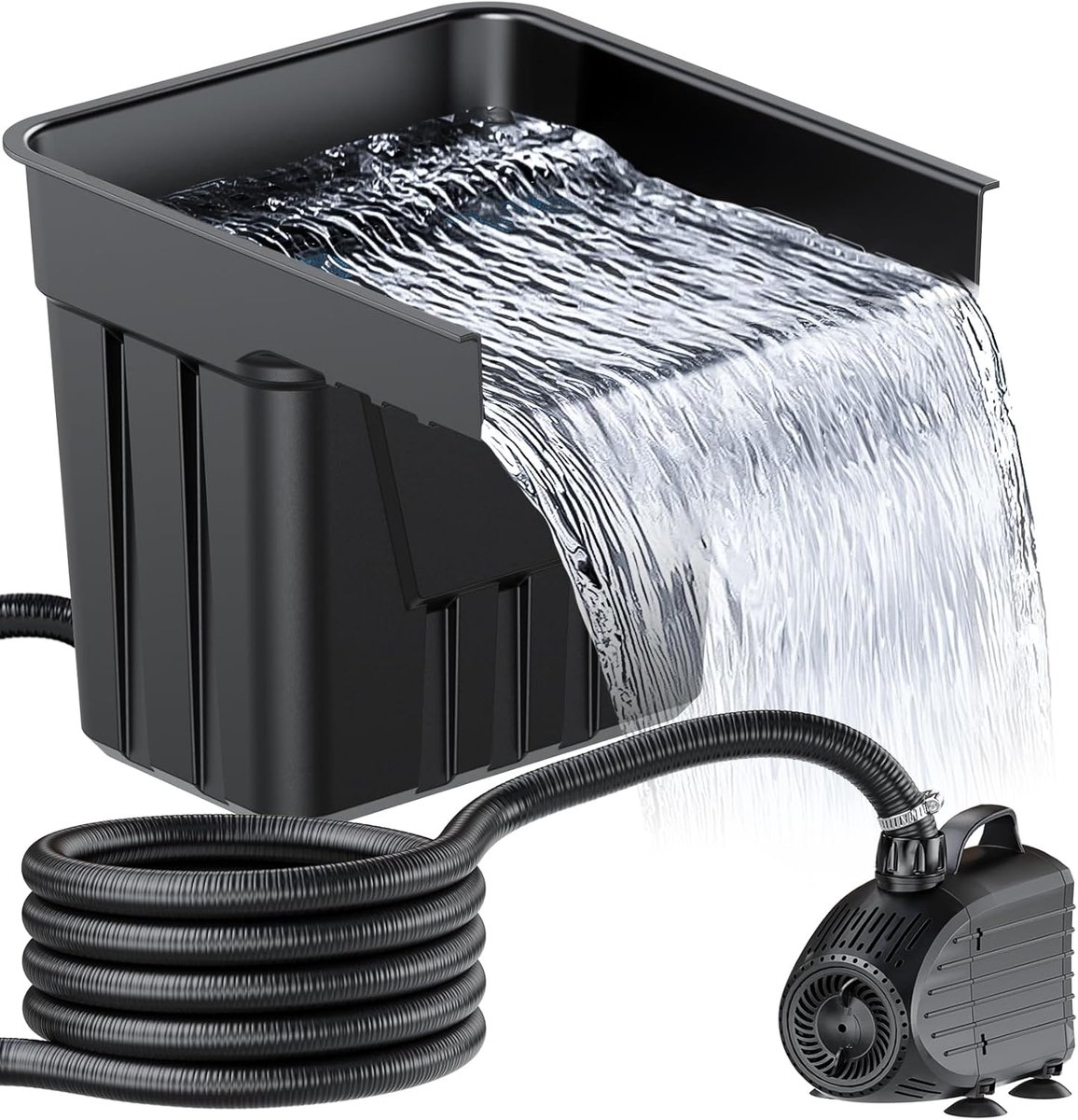 De POPOSOAP Outdoor Waterfall Pool Kit bevat een waterpomp met een capaciteit van 4500 liter per uur-een flexibele slang van 3 meter en filtermateriaal-De set is geschikt voor tuinvijvers-beekjes en andere waterpartijen in de tuin