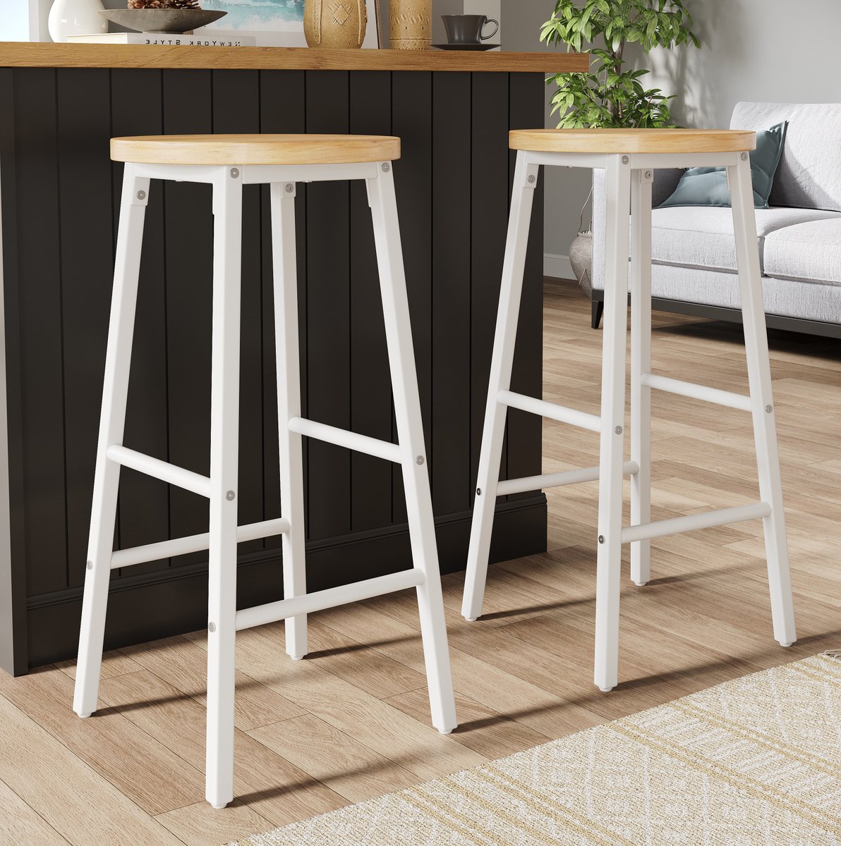 FloraGrace Barkruk 63 cm - Set Van 2 Met Dubbele Voetsteunen En Verstelbare Antislipvoeten - Voor Bar Of Keukeneiland - MDF En Metaal - Wit