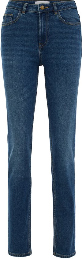 Slim fit spijkerbroek met medium wassing, gefotografeerd op een witte achtergrond.