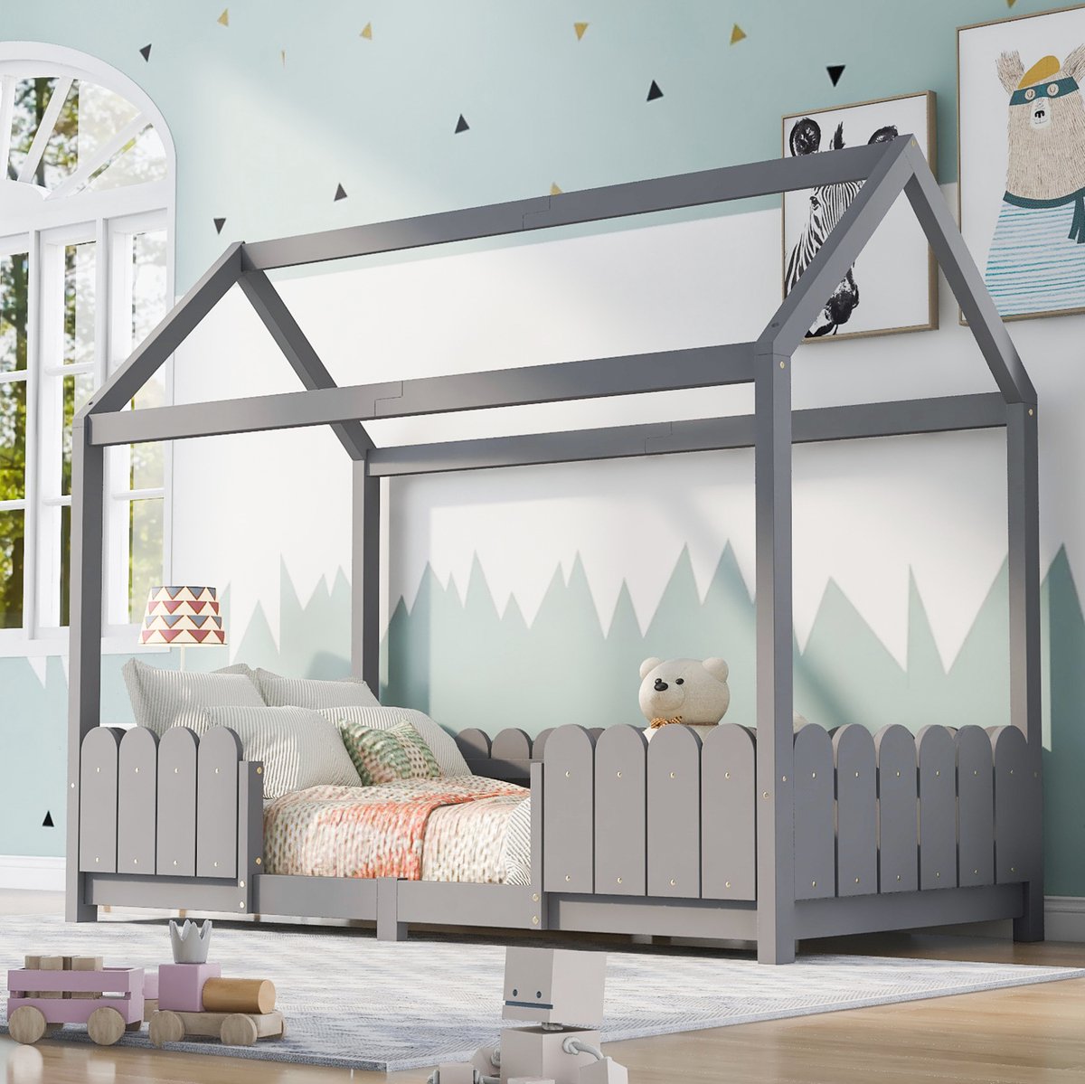 MIVRAY Kinderbed 90x200 cm - Huisbed Met Uitvalbeveiliging en Lattenbodem Zonder Matras - Voor Kinderkamer - Hout en MDF - Grijs
