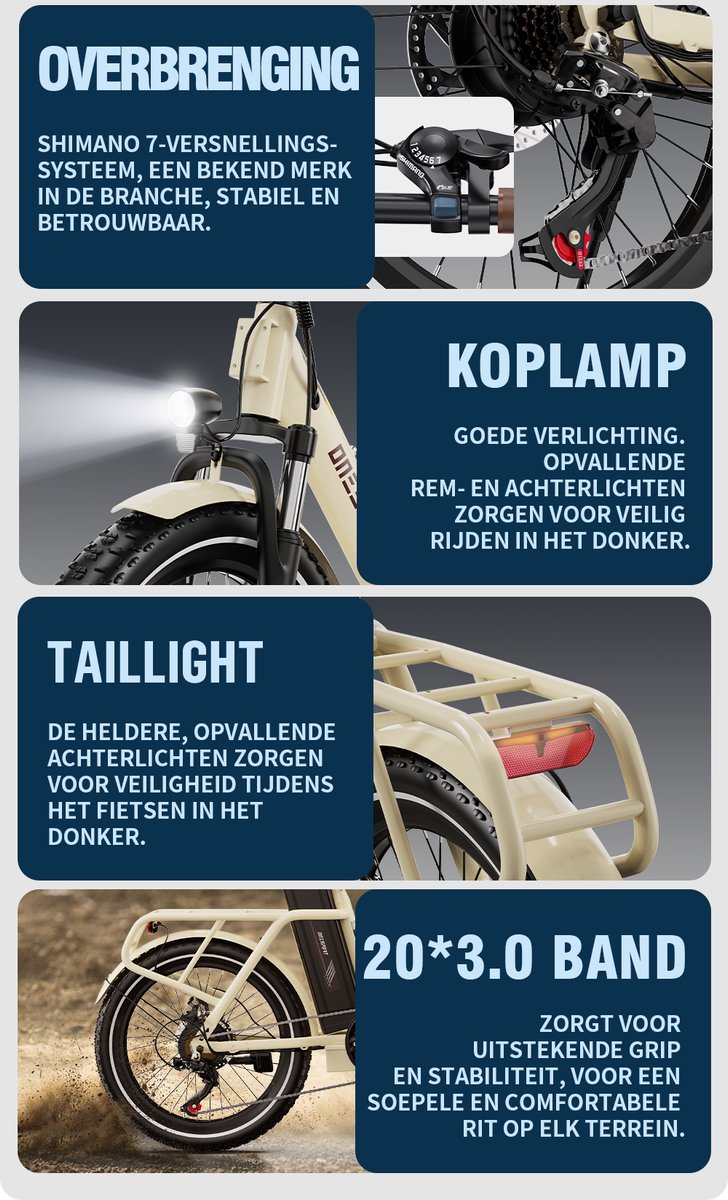 ONESPORT-Opvouwbare elektrische stadsfiets-120 km ondersteuning-816Wh grote accu-20x3.0 inch brede banden-250W stille motor-40Nm koppel-48V17Ah-voor-achter schijfrem-vering-bluetooth-weiß thumbnail 3