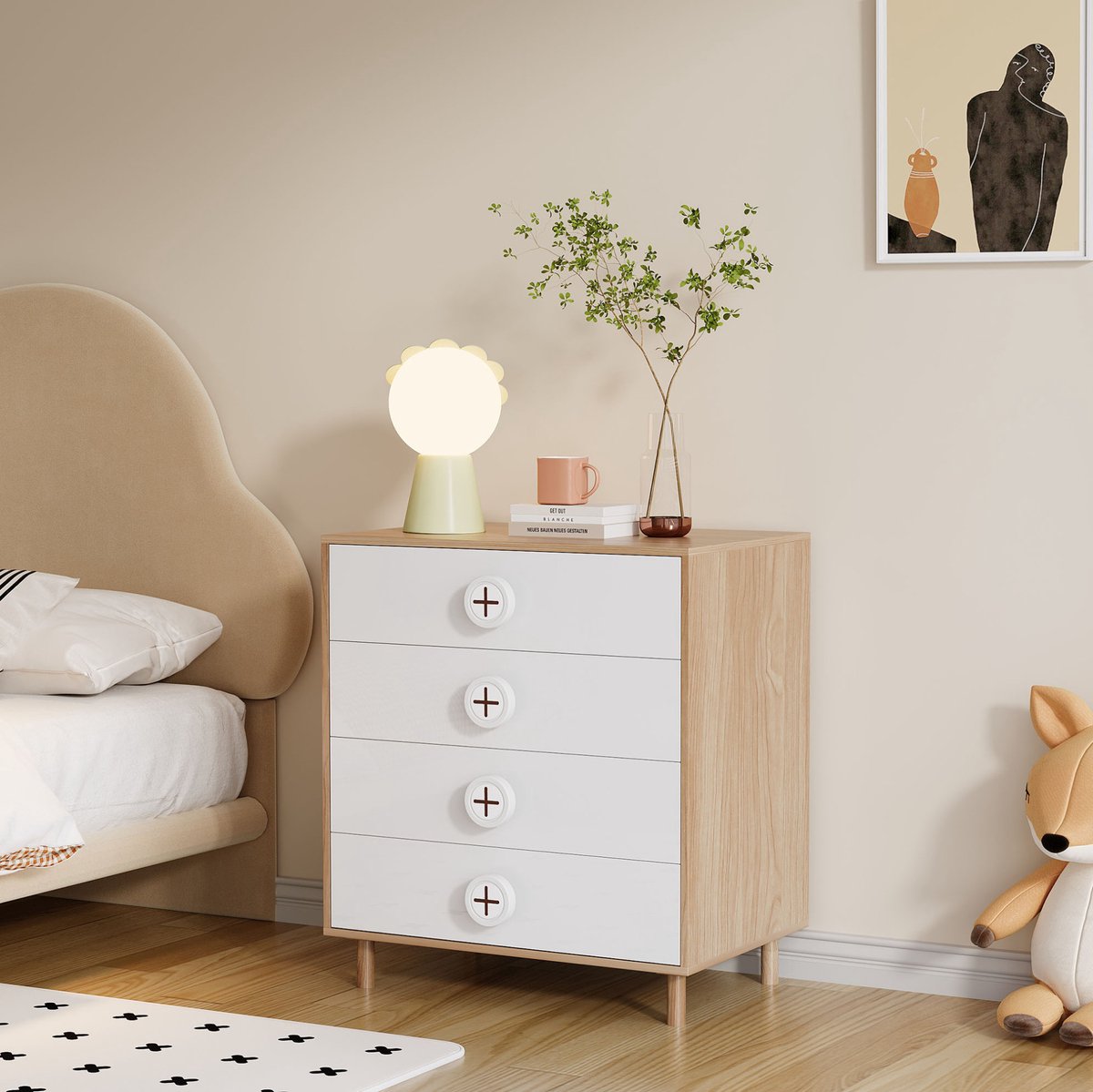 MEUNIQ kommode met 4 lades 80 x 54 x 90 cm slaapkamerkast en opbergkast voor kinderkamer met anti-kantelvoorziening in naturel en wit