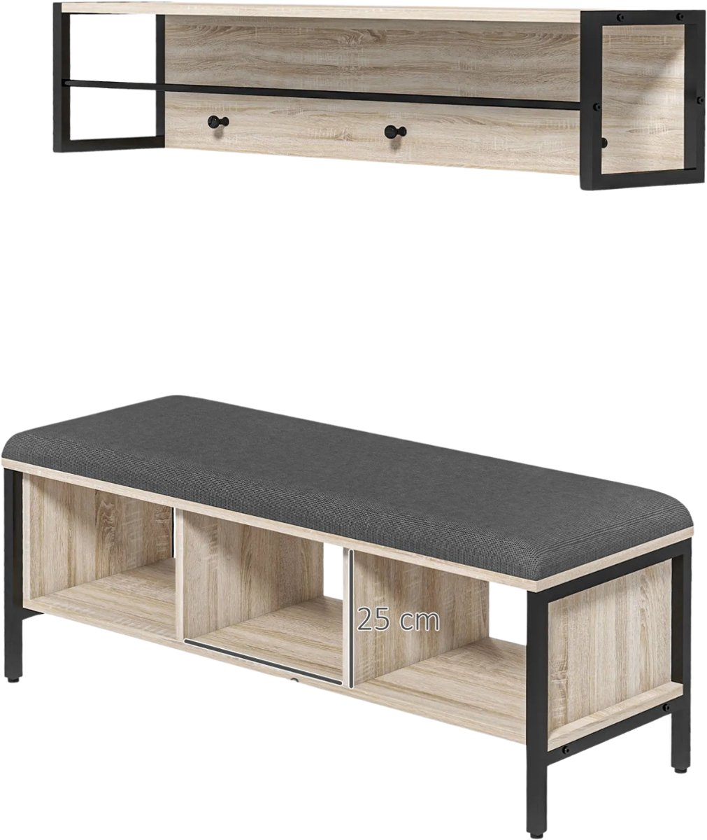 Noventra - Kapstok met Schoenenrek - Halmeubel - Garderobeset - Entreeset - Wandkapstok met Opbergbank - Houtlook - Industrieel - 100 x 35 x 45 cm