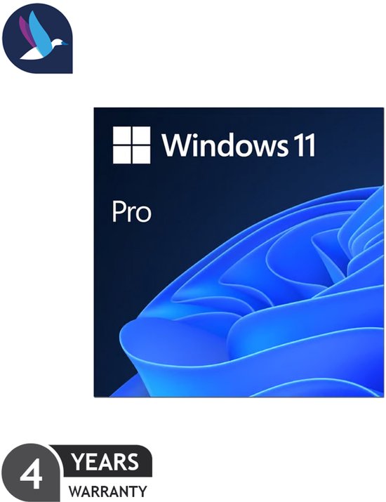 Verpakking van Windows 11 Pro met een blauwe, golvende achtergrond.