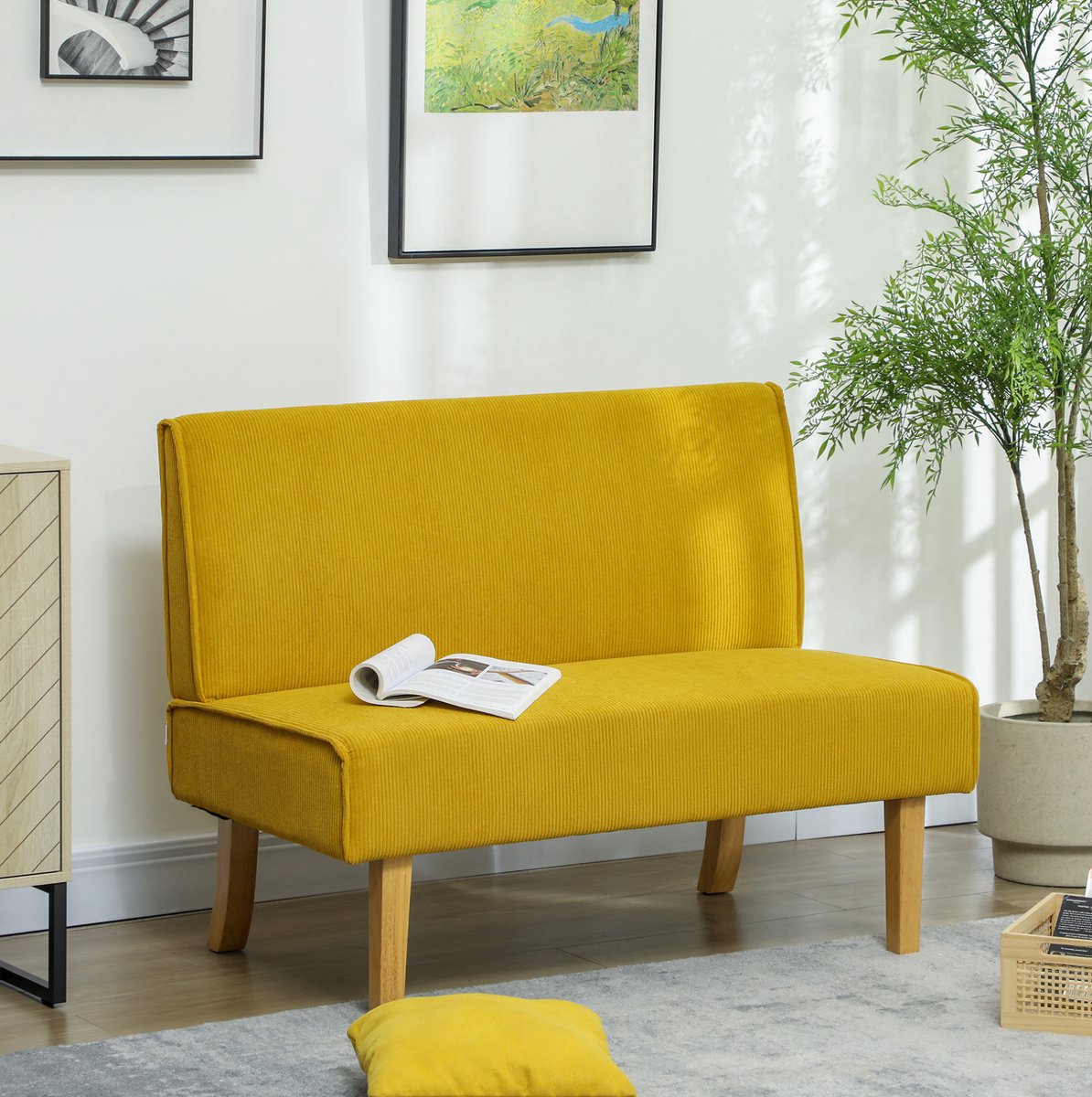 OKWISH Zitbank 110 x 62 x 85 cm - 2-Zits Sofa Met Cordlook En Houten Poten - Compact Voor Slaapkamer Of Woonkamer - Polyester - Geel