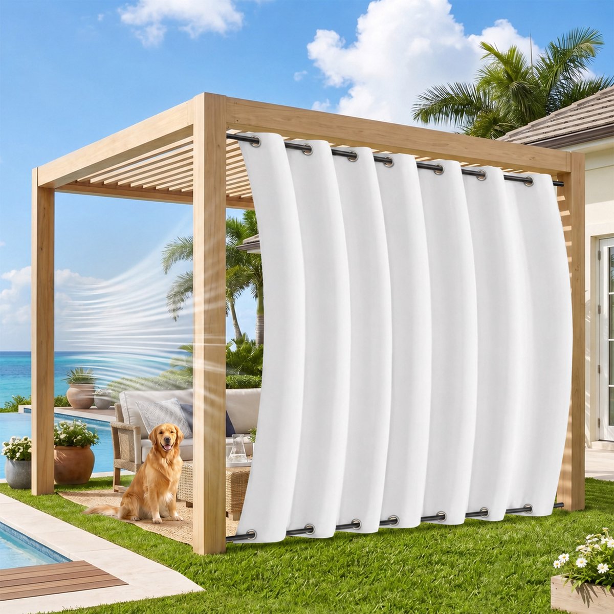 MUPOO Extra Brede Buitengordijnen Winddicht&Waterafstotend 254cm-Met Dubbele Fixatie Boven en Onder tegen Wind - Verduisterend & Isolerend-Outdoor Gordijnen voor Veranda, Balkon& Tuin - 254x244 cm - Grijswit - 1 Stuk (Rideau Extérieur Imperméable) grijsachtig wit-1 stuck