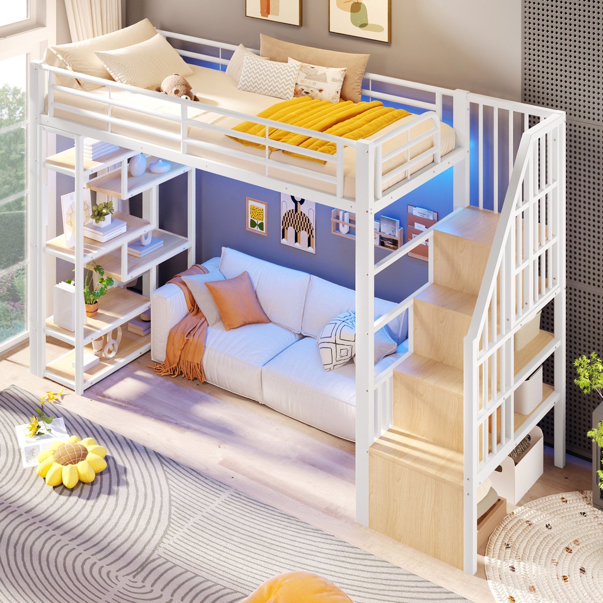 Merax Hoogslaper 90 x 200 cm - met opbergvakken - geïntegreerde trap - met LED-verlichting - open opbergruimte - zonder matras - wit