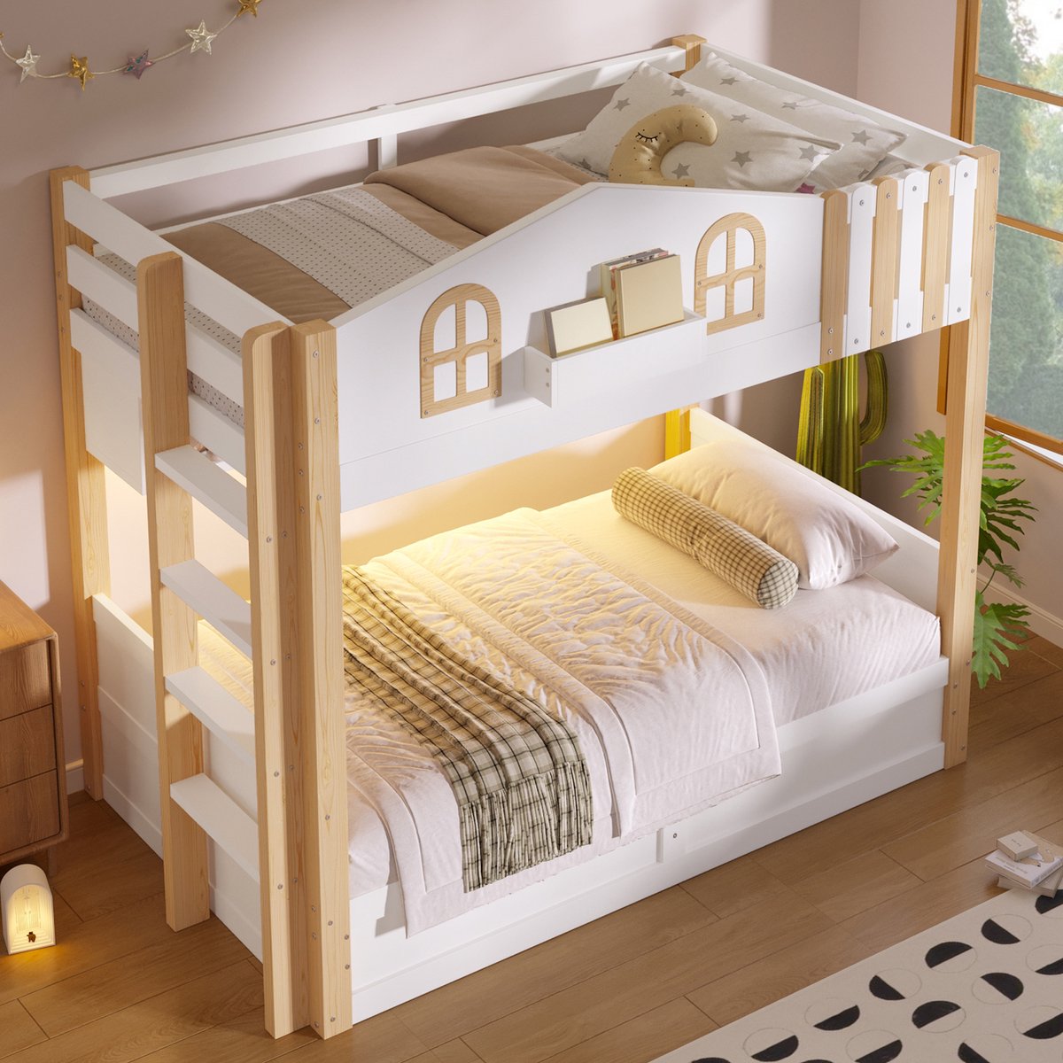Stapelbed 90x200 cm - huisontwerp - met LED-verlichting en opbergruimte - trappositie optioneel - zonder matras - wit en houtkleur
