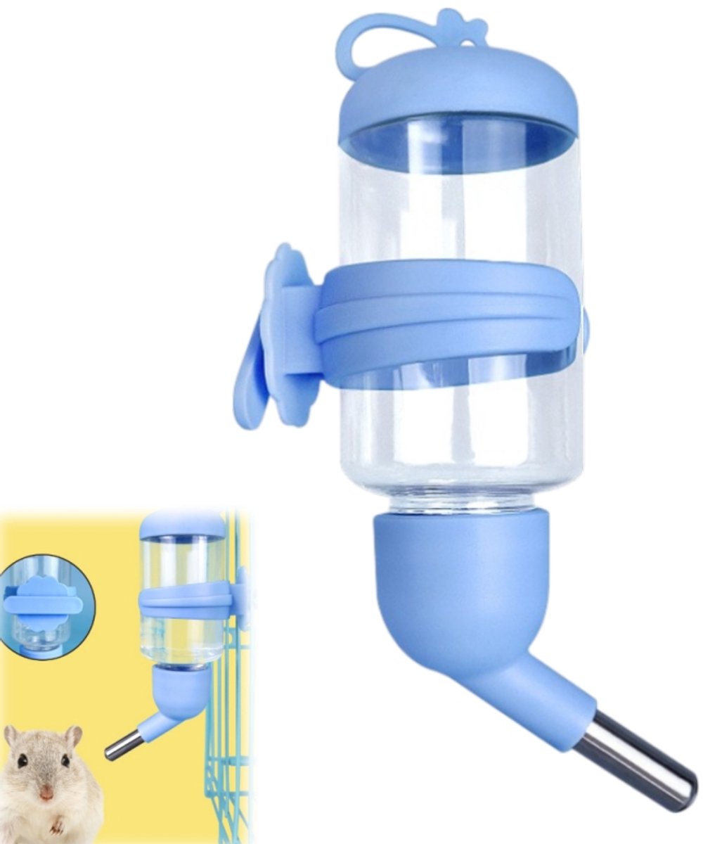 Hamsterwaterfles – Chinchillawaterdrinker – Hangende waterbak – Hamsterbenodigdheden – Waterdispenser – Geschikt voor hamsters, chinchilla’s en cavia’s – Blauw – 4*4*11 cm – 80 ml – 2,5 cm wateruitloop