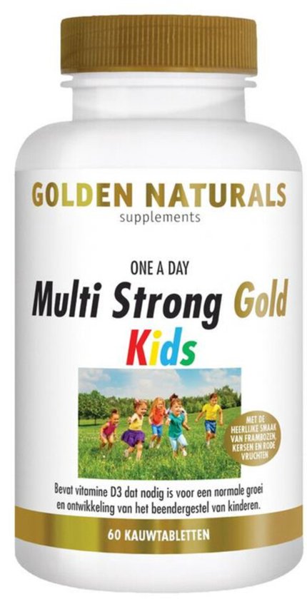 Pot met 60 kauwtabletten 'Multi Strong Gold Kids' van Golden Naturals. Met afbeelding van rennende kinderen in een veld.